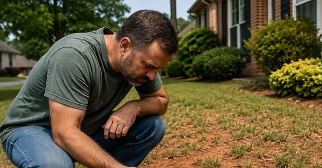 Homeowner inspecting compacted red clay soil and thinning lawn in Birmingham, Alabama.